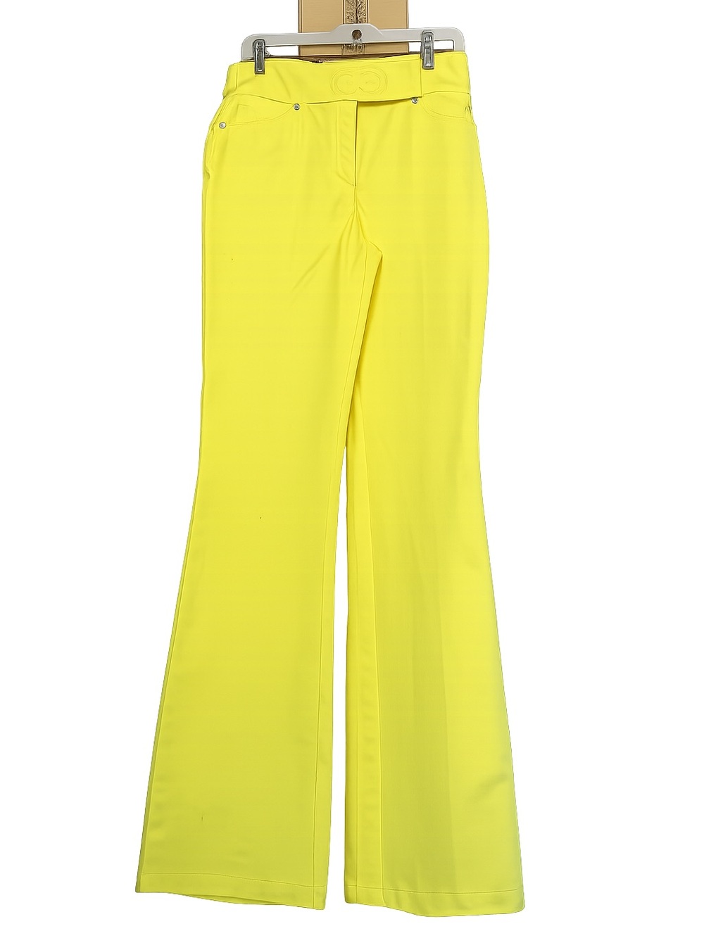 Escada Neon Yellow Flare Pants Women Size 38 Designer Stretch Wide Leg Trousers